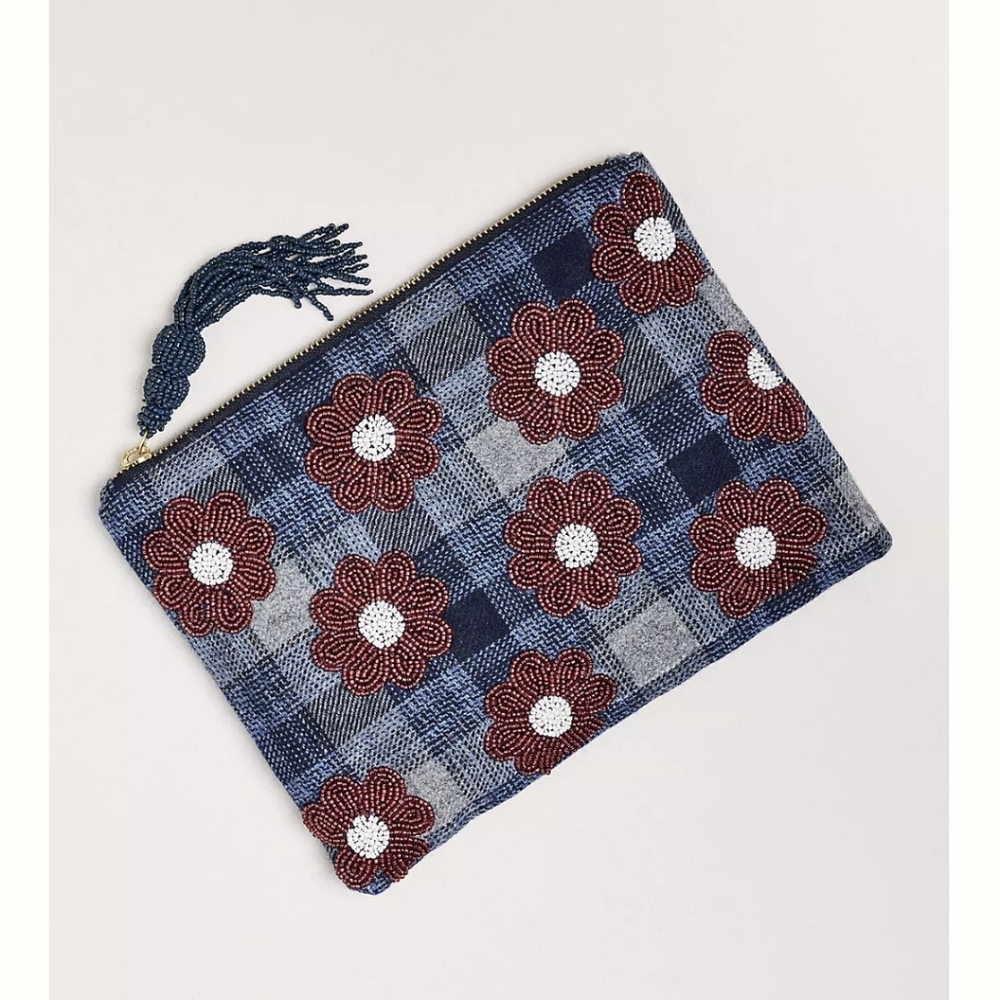 Anthropologie The Fiona Large Beaded Pouch In Dark Florals, New With Tags!